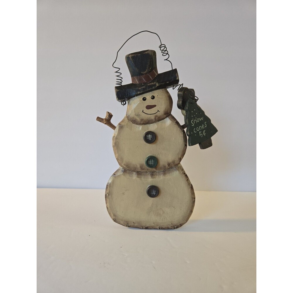 Vintage Christmas Wooden Snowman Black Top Hat Wall Decor Painted Sign 5 Cents